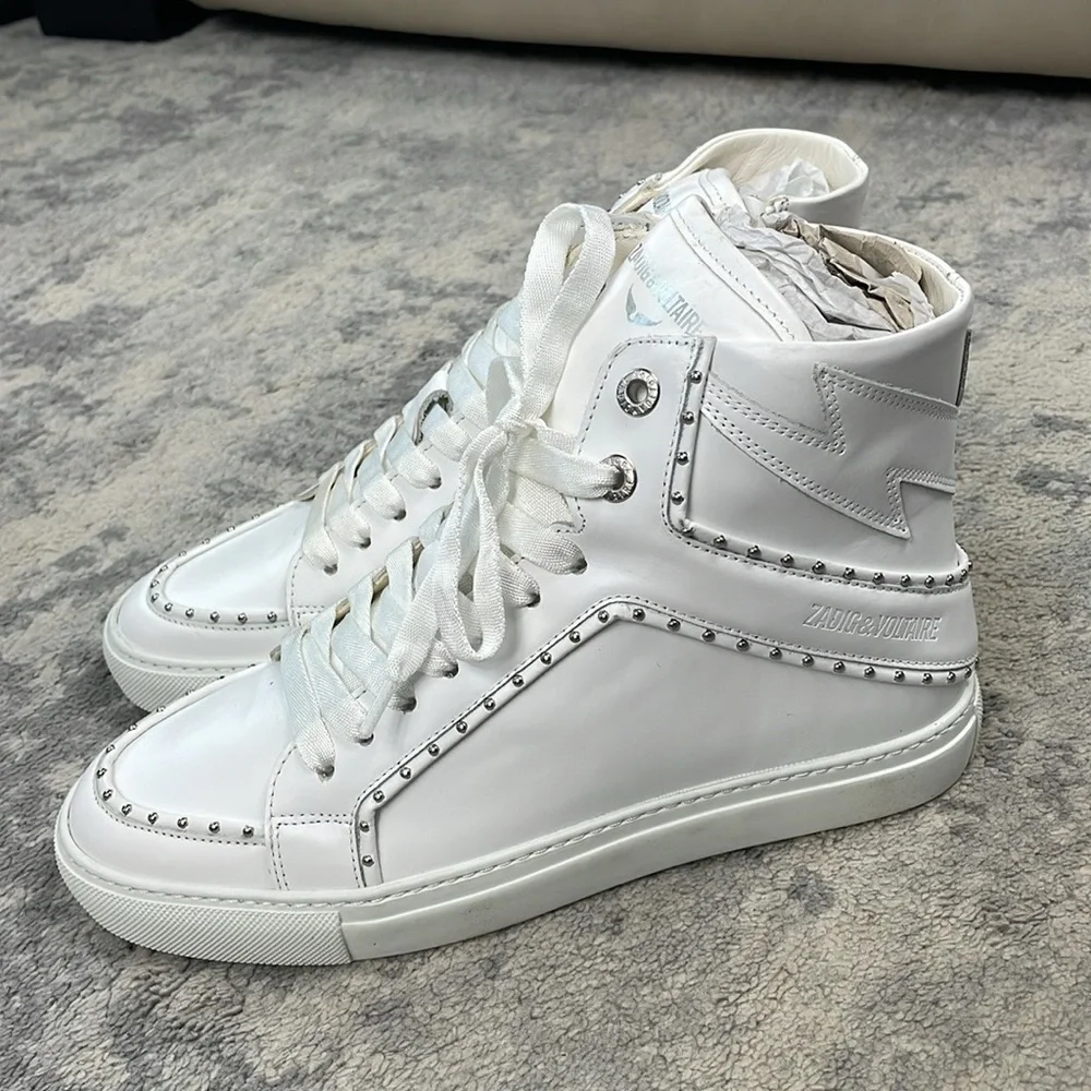NIB Zadig & Voltaire High Flash Sneaker Studded High Top White Leather Sz 40 - Picture 7 of 14